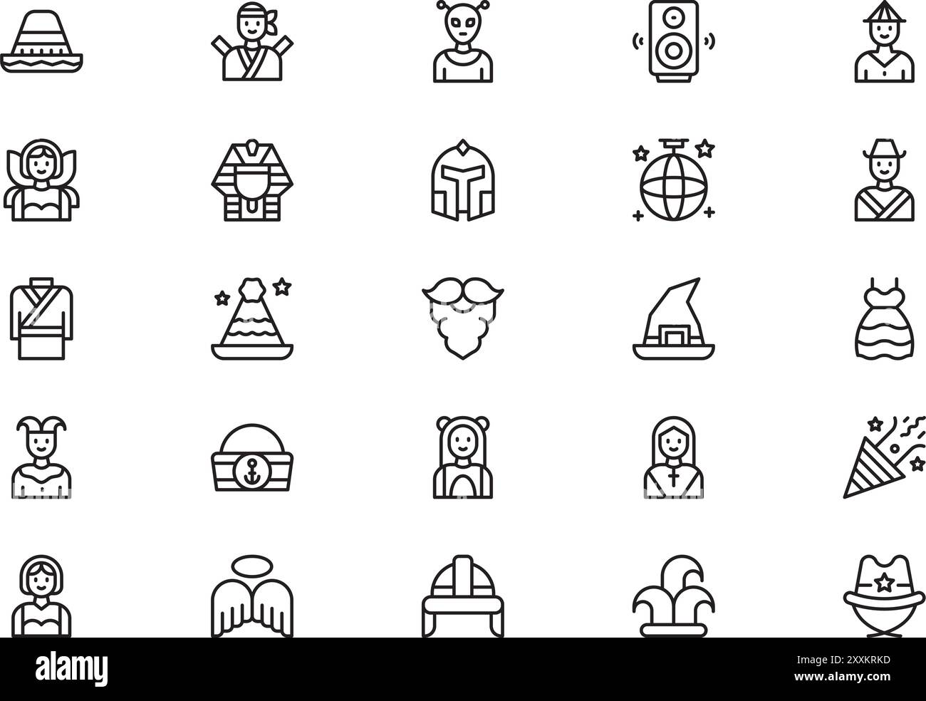 Kostümparty Icons Kollektion ist eine Vektor-Illustration mit bearbeitbarem Strich. Stock Vektor