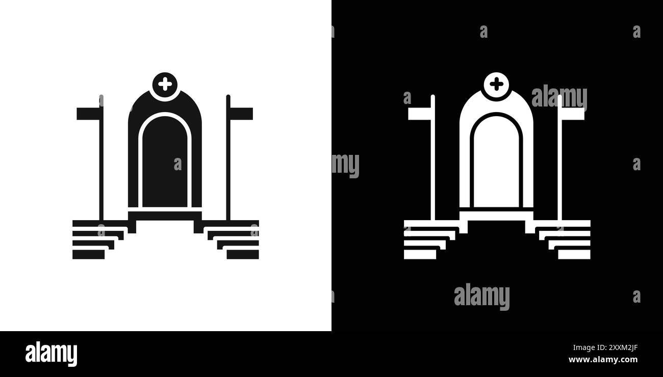 Sehen Sie das Innere der katholischen Kirche Ikone Vektorsymbol oder Schildersatz Sammlung in Schwarz-weiß-Umrissen Stock Vektor