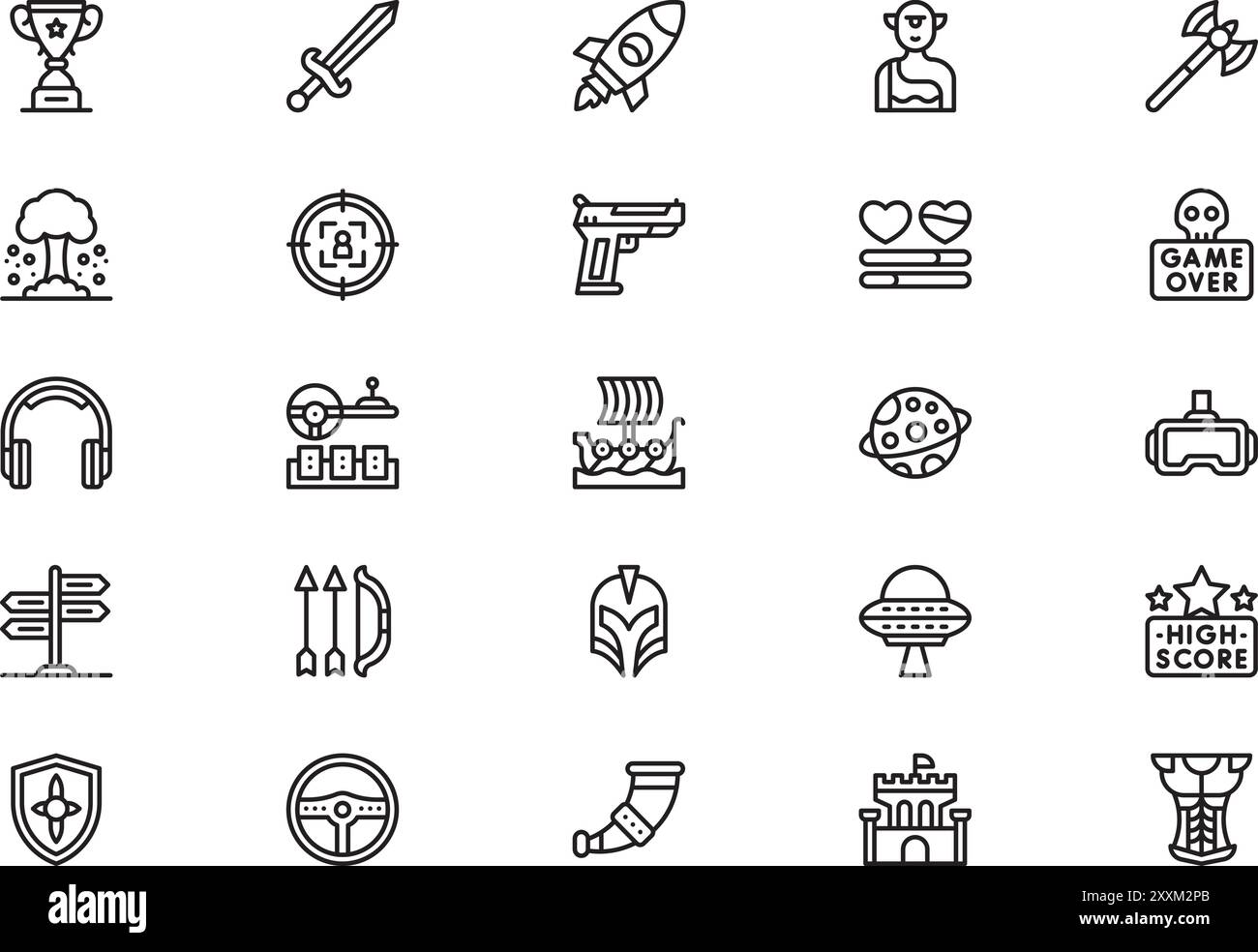 Die Sammlung der Symbole von Videogame Elements ist eine Vektorillustration mit bearbeitbarem Strich. Stock Vektor