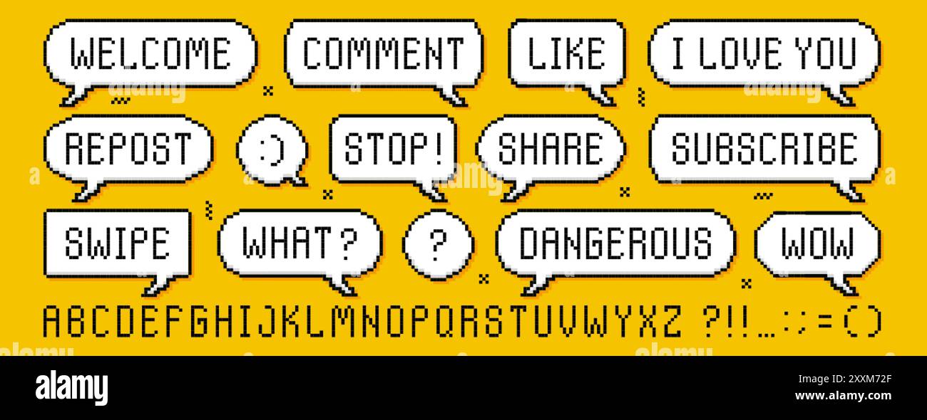 Pixel-Sprechblasen eingestellt. Dialogfelder mit Welten auf gelbem Hintergrund. Gepixelte Buchstaben, Spielschrift und Satzzeichen. Telegramm mit Text. Chat-Clouds im 8-Bit-Retro-Stil Stock Vektor