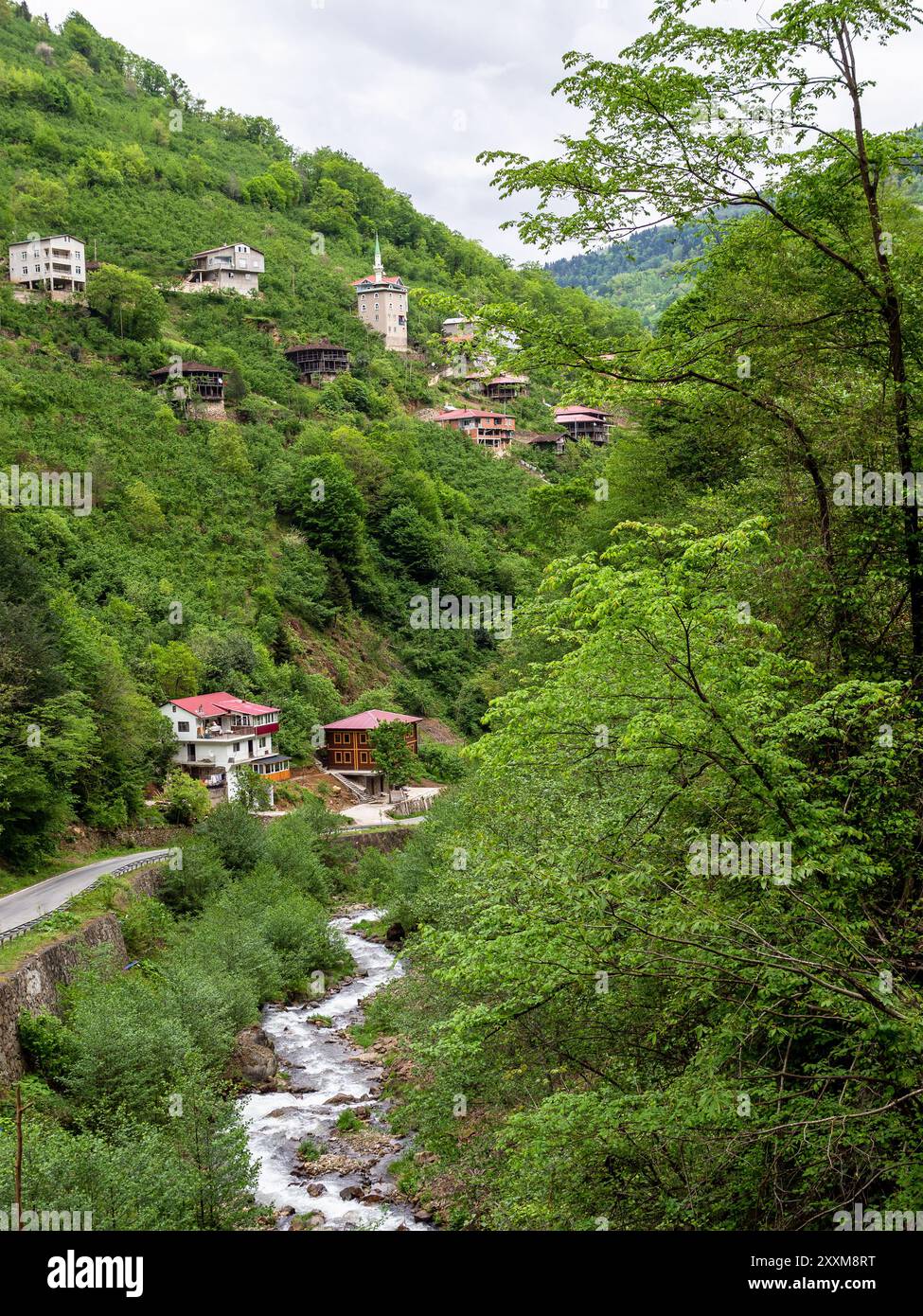 Dorf in der Nähe des Gebirgsflusses im Bezirk Caykara der Türkei an bewölktem Sommertag Stockfoto