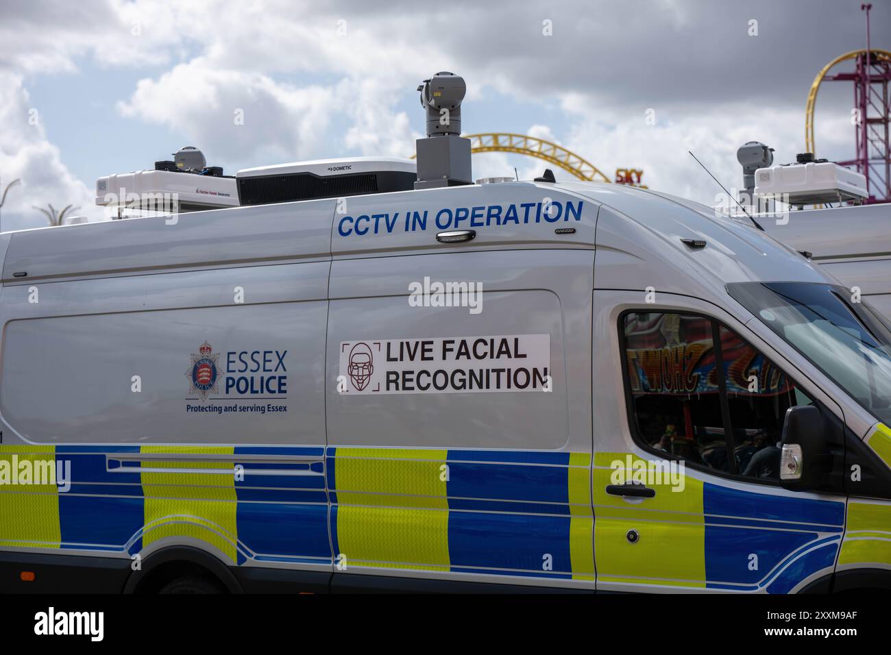 Southend on Sea, Essex 25. Aug 2024 die Polizei von Essex verwendet Videoüberwachung-Technologie zur Gesichtserkennung in Southend on Sea über das Feiertagswochenende der Bank. Quelle: Ian Davidson/Alamy Live News Stockfoto