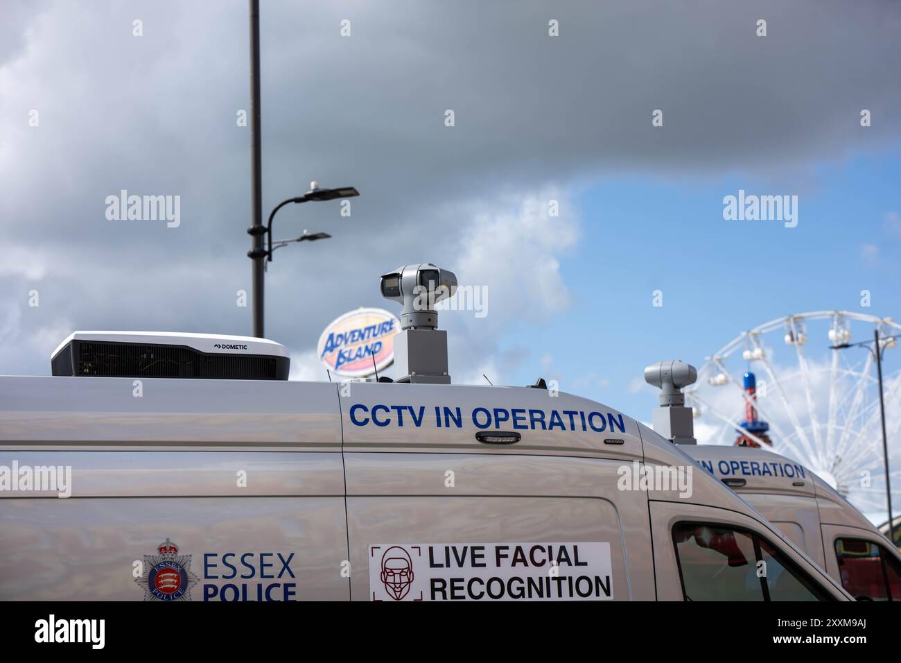 Southend on Sea, Essex 25. Aug 2024 die Polizei von Essex verwendet Videoüberwachung-Technologie zur Gesichtserkennung in Southend on Sea über das Feiertagswochenende der Bank. Quelle: Ian Davidson/Alamy Live News Stockfoto