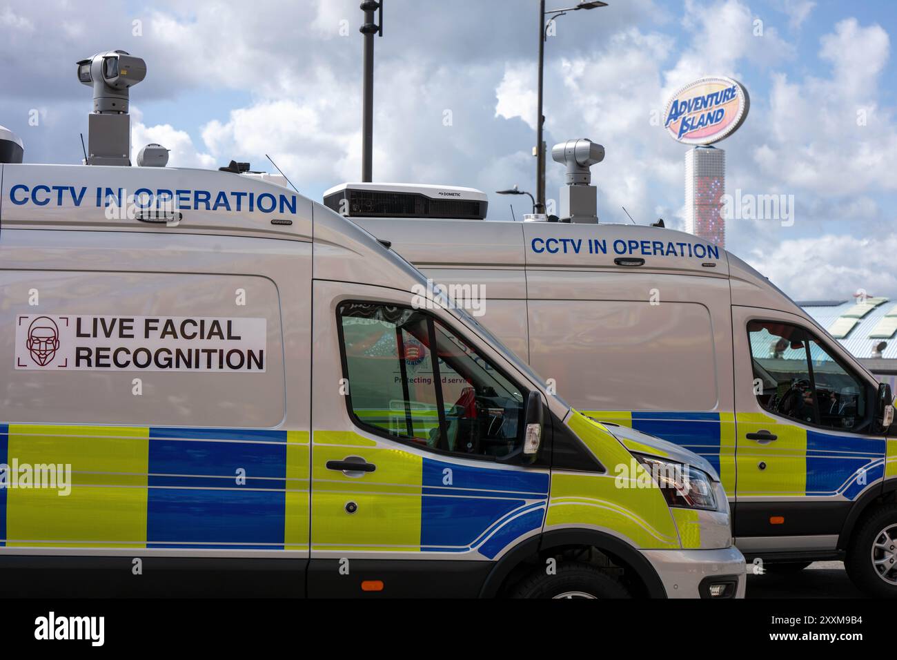 Southend on Sea, Essex 25. Aug 2024 die Polizei von Essex verwendet Videoüberwachung-Technologie zur Gesichtserkennung in Southend on Sea über das Feiertagswochenende der Bank. Quelle: Ian Davidson/Alamy Live News Stockfoto