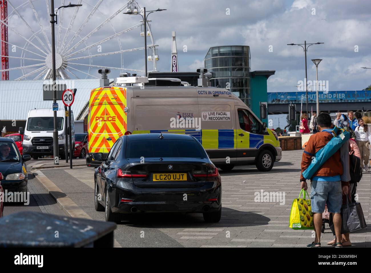 Southend on Sea, Essex 25. Aug 2024 die Polizei von Essex verwendet Videoüberwachung-Technologie zur Gesichtserkennung in Southend on Sea über das Feiertagswochenende der Bank. Quelle: Ian Davidson/Alamy Live News Stockfoto