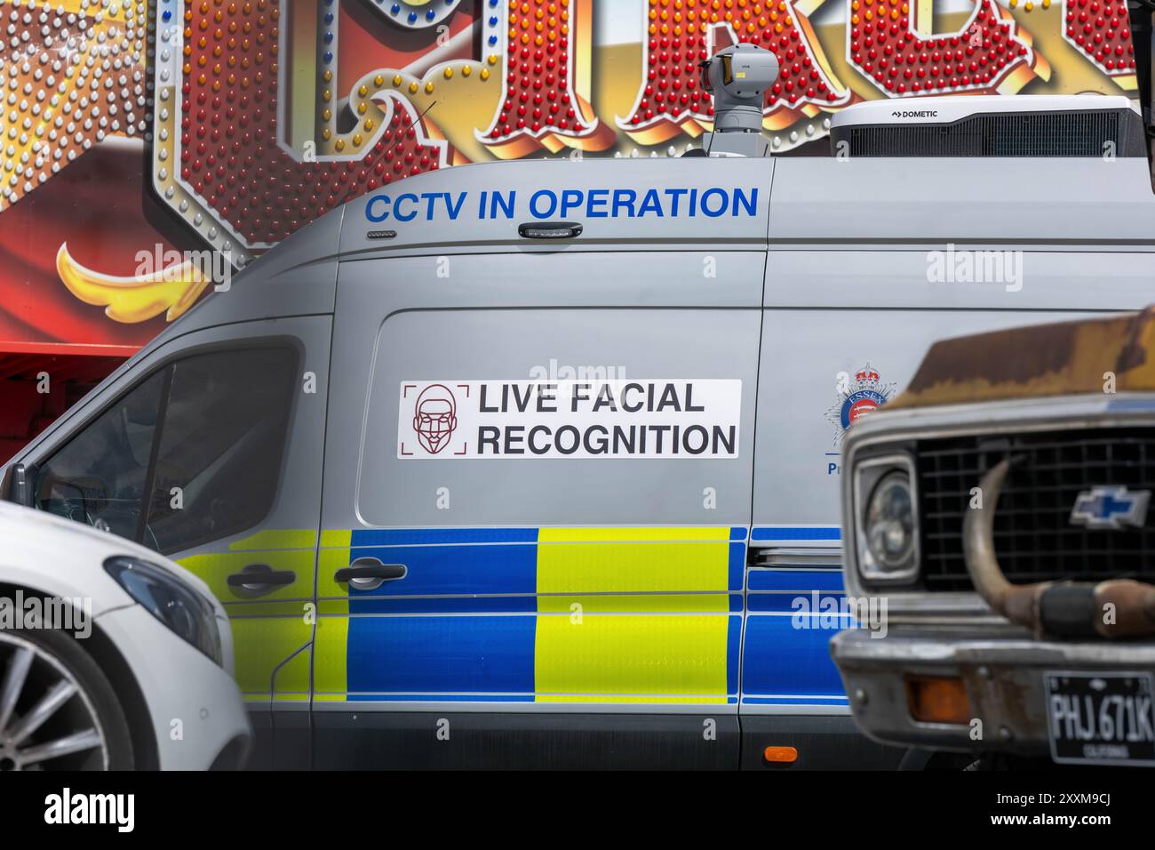 Southend on Sea, Essex 25. Aug 2024 die Polizei von Essex verwendet Videoüberwachung-Technologie zur Gesichtserkennung in Southend on Sea über das Feiertagswochenende der Bank. Quelle: Ian Davidson/Alamy Live News Stockfoto