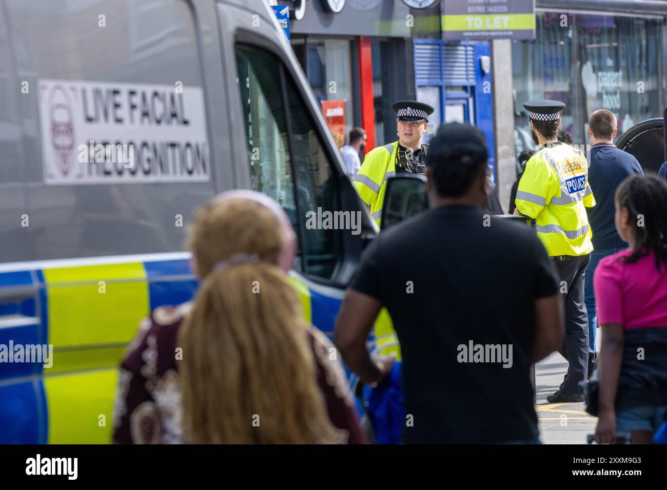 Southend on Sea, Essex 25. Aug 2024 die Polizei von Essex verwendet Videoüberwachung-Technologie zur Gesichtserkennung in Southend on Sea über das Feiertagswochenende der Bank. Quelle: Ian Davidson/Alamy Live News Stockfoto