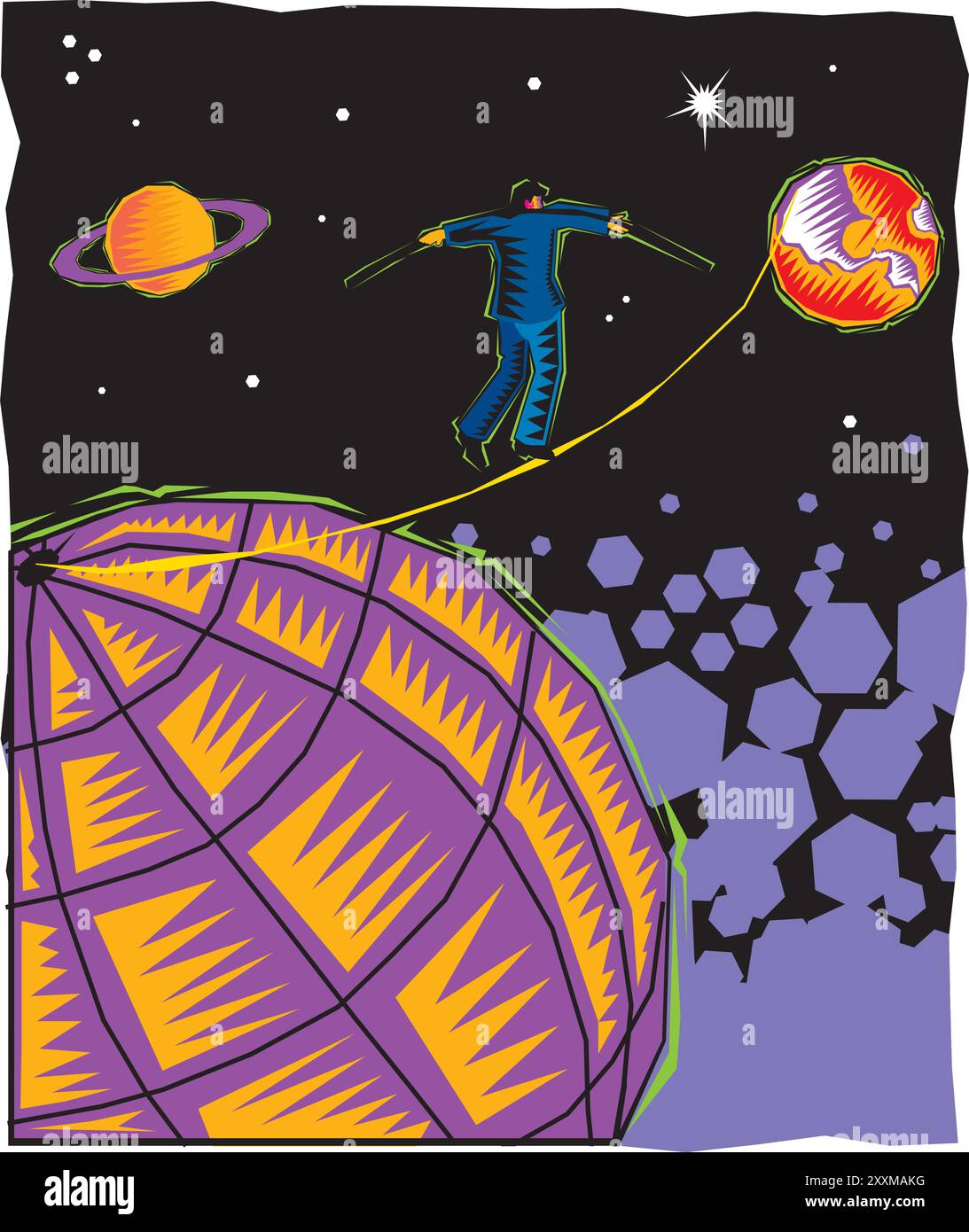 Clipart des Menschen, der in einer Schnur zwischen Planeten läuft, Vektorillustration Stock Vektor