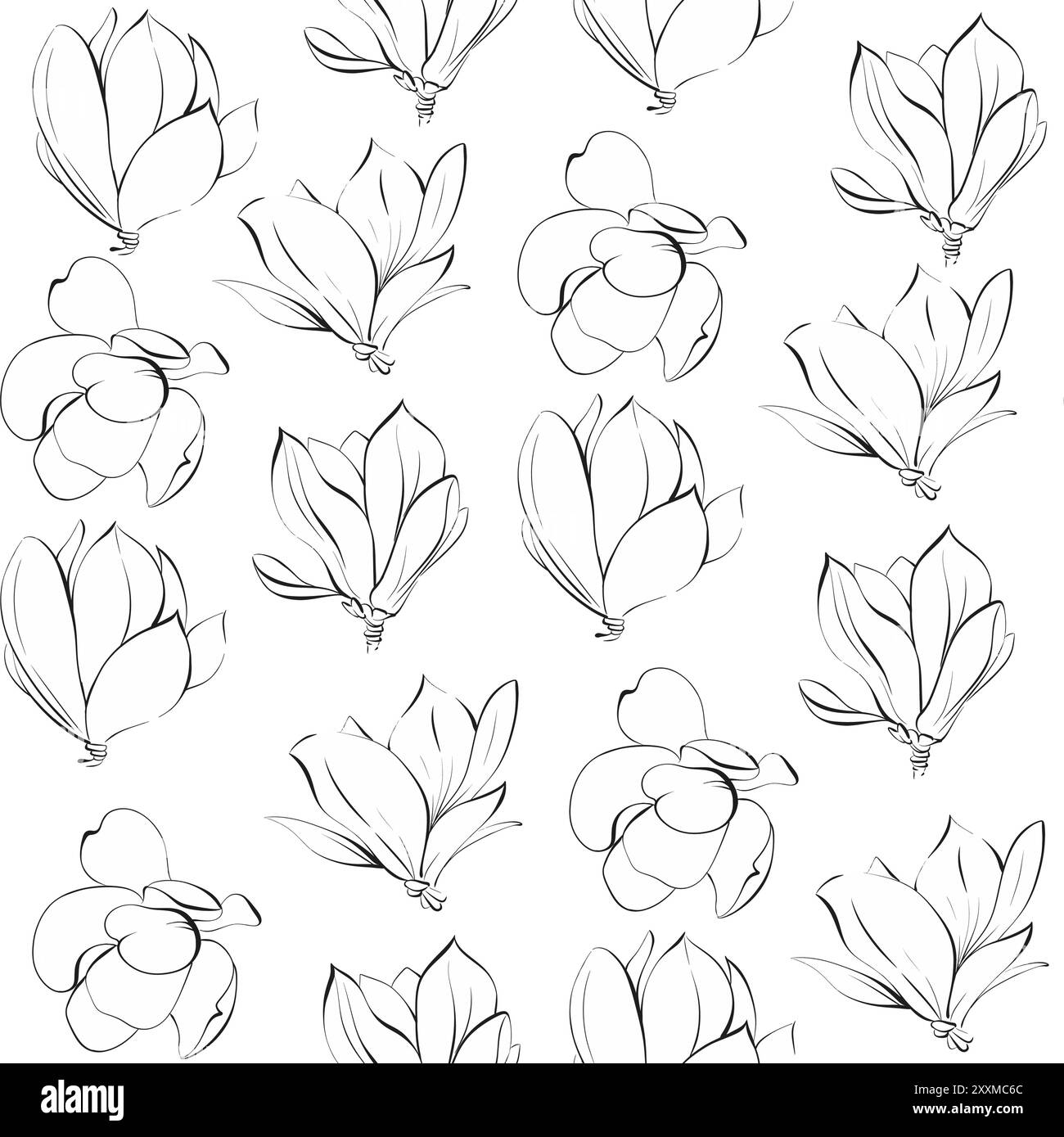 Vektor nahtlose Musterblume von Magnolie. Blühende Grafik Flora. Paris Frühling. Handgezeichnete Linie, schwarze Silhouette für Schaltkreis, Druck, Stoff Stock Vektor