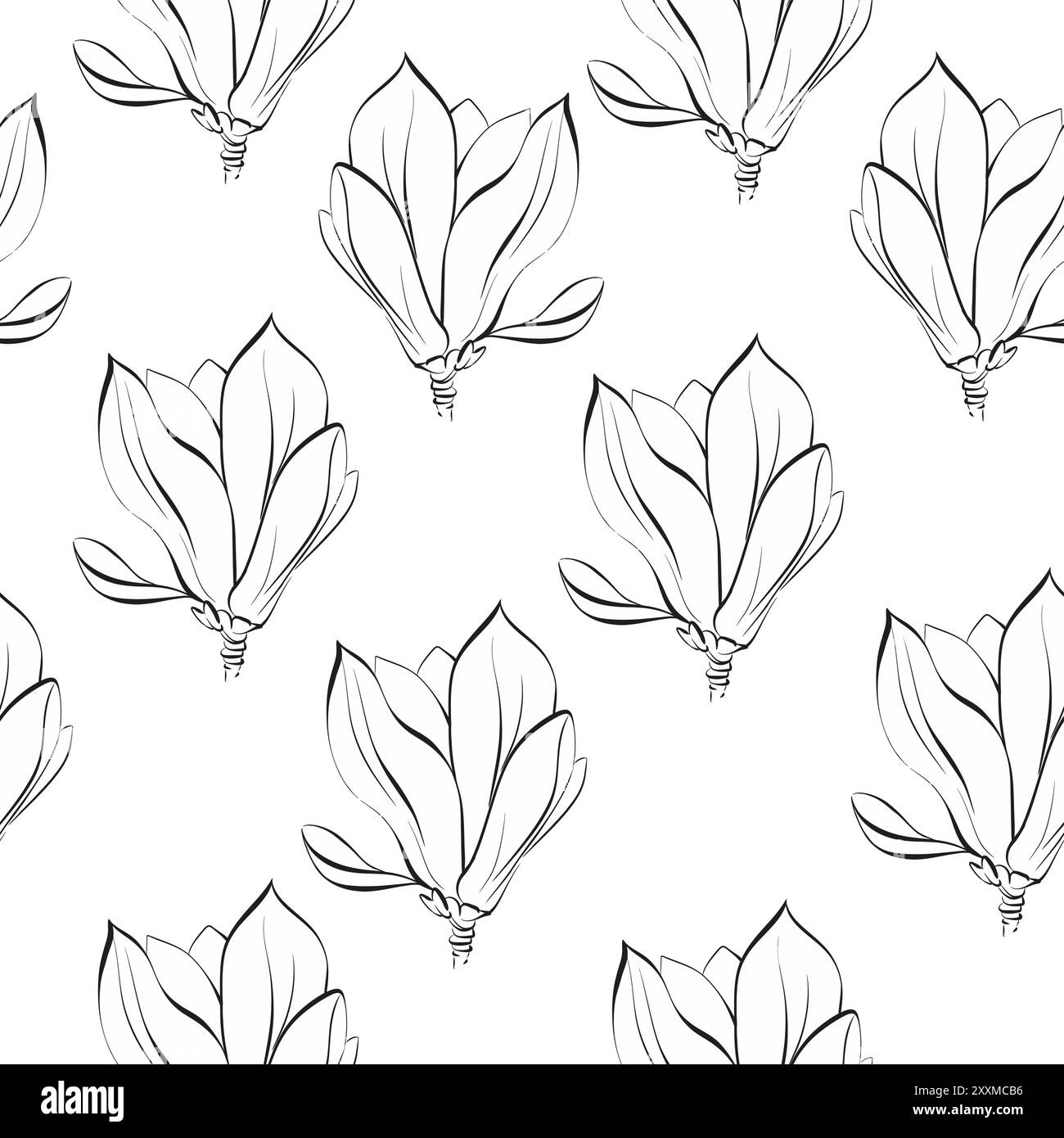 Vektor nahtlose Musterblume von Magnolie. Blühende Grafik Flora. Paris Frühling. Handgezeichnete Linie, schwarze Silhouette für Schaltkreis, Druck, Stoff Stock Vektor