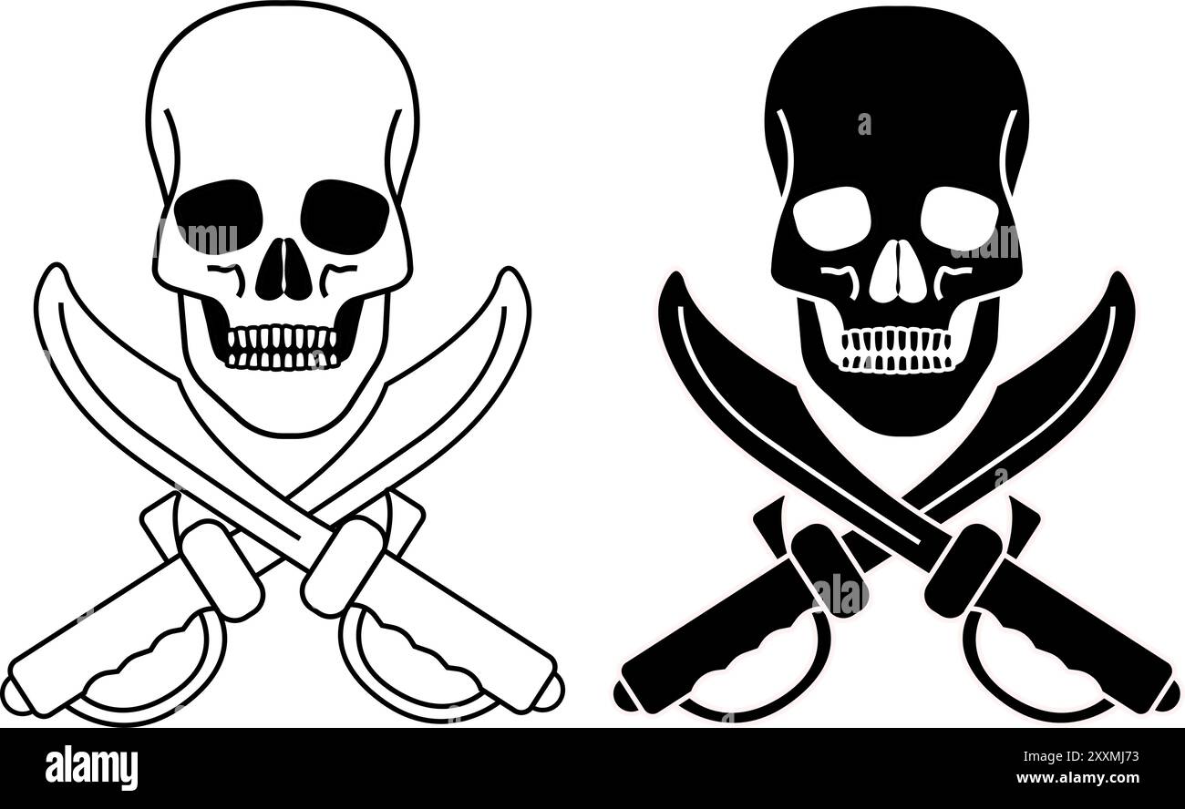 Piratenschädel mit gekreuzten Schwertern oder Schneiden in schwarz-weiß isoliert auf weißem Hintergrund Stock Vektor
