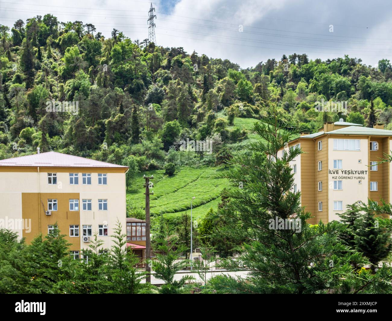 Caykara, Türkei - 4. Mai 2024: Viillage in grünen Bergen im Bezirk Caykara in der Türkei unter graubewölktem Himmel Stockfoto