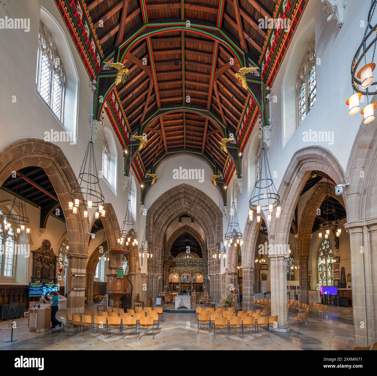 Innenraum der Kathedrale von Leicester, Leicester, Leicestershire, England, Großbritannien Stockfoto