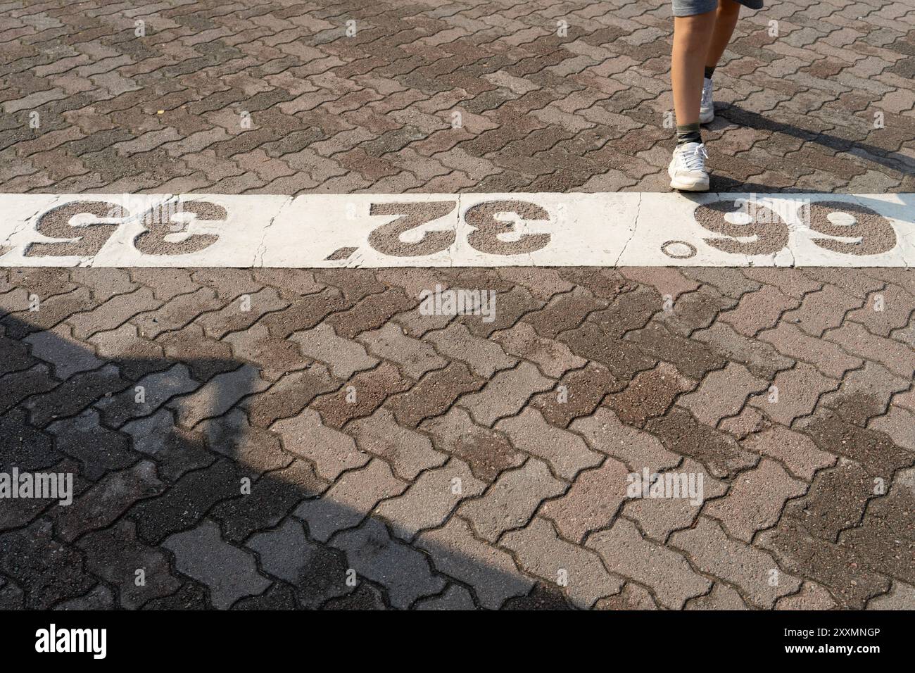 Füße, die in Richtung der arktischen Kreislinie gehen, markiert durch die Koordinaten 66, 32, 35 Stockfoto