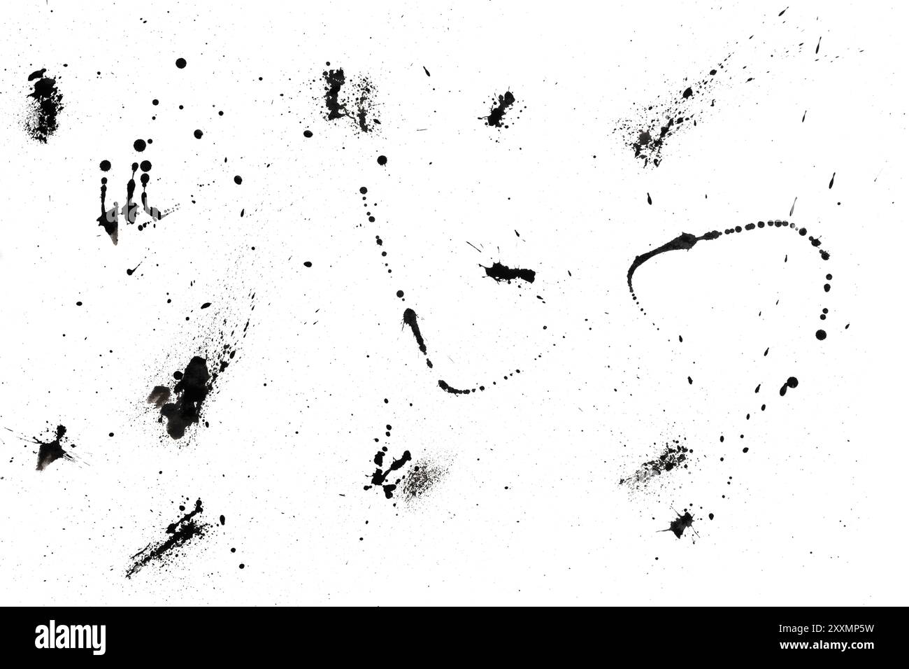 Schwarze Tinte spritzt auf weißem Hintergrund. Tintenflecken Stockfoto