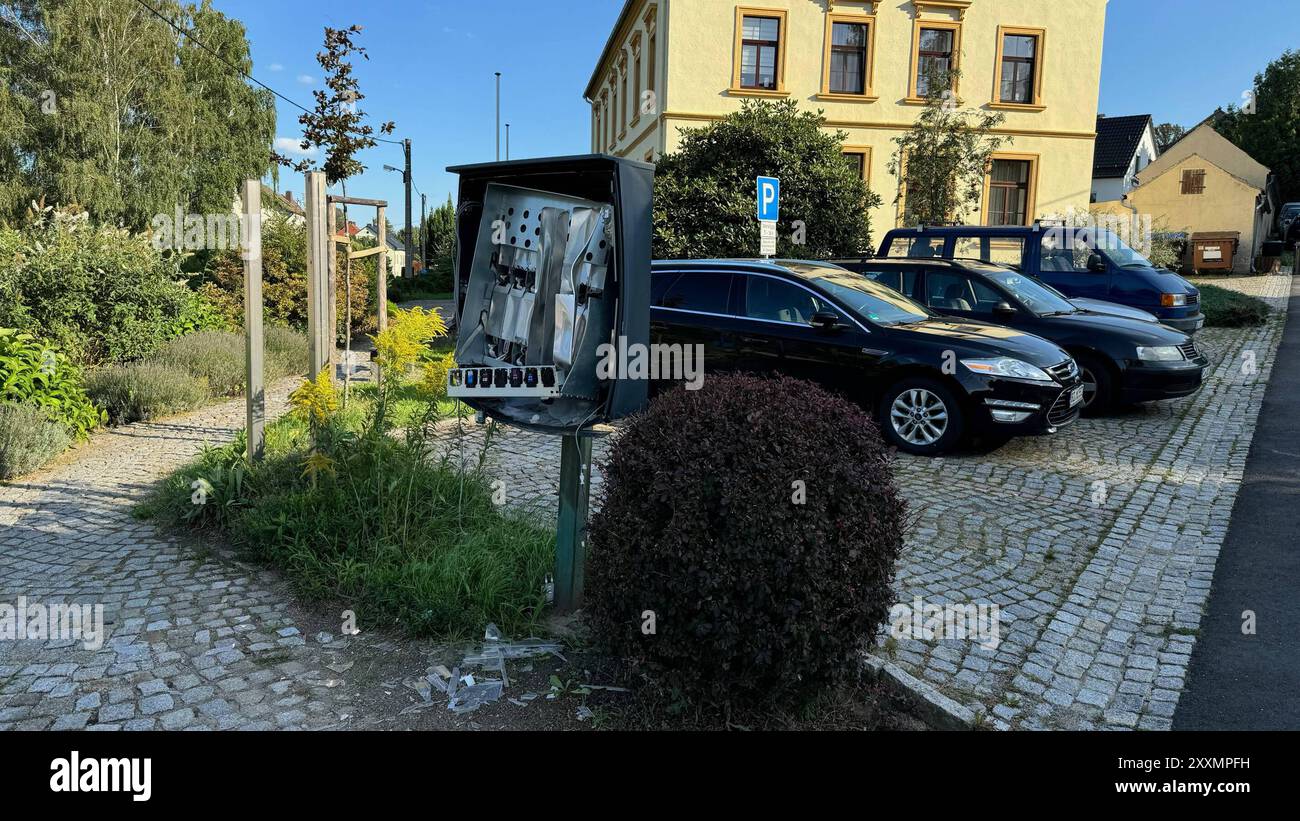 Obergurig - Zigarettenautomat zerstört 21.08.2024 Obergurig, Hauptstraße Fotograf: LausitzNews.de/ Tim Kiehle Pressemittelung der PD Görlitz: Obergurig, Hauptstraße 20.08.2024, 22:30 Uhr Vandalen haben am späten Dienstagabend einen Zigarettenautomat an der Hauptstraße in Obergurig zerstört. Sie nutzten eine unbekannte Substanz, um eine Explosion zu erzeugen. Der Automat hatte einen Wert von rund 5,000 Euro. Der Stehlschaden ist bislang nicht beziffert. Polizisten sicherten Spuren. Der Bautzener Kriminaldienst ermittelt Obergurig Sachsen Deutschland *** Obergurig Zigarettenautomat des Stockfoto