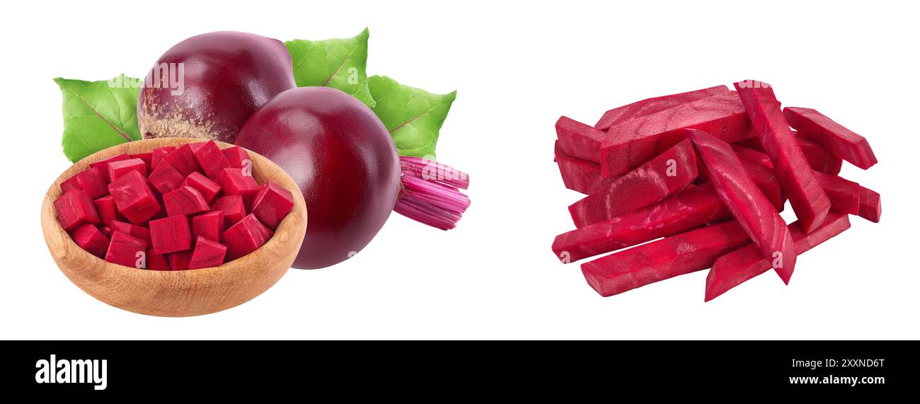 Rote Beete in Holzschalen auf weißem Hintergrund mit voller Feldtiefe Stockfoto
