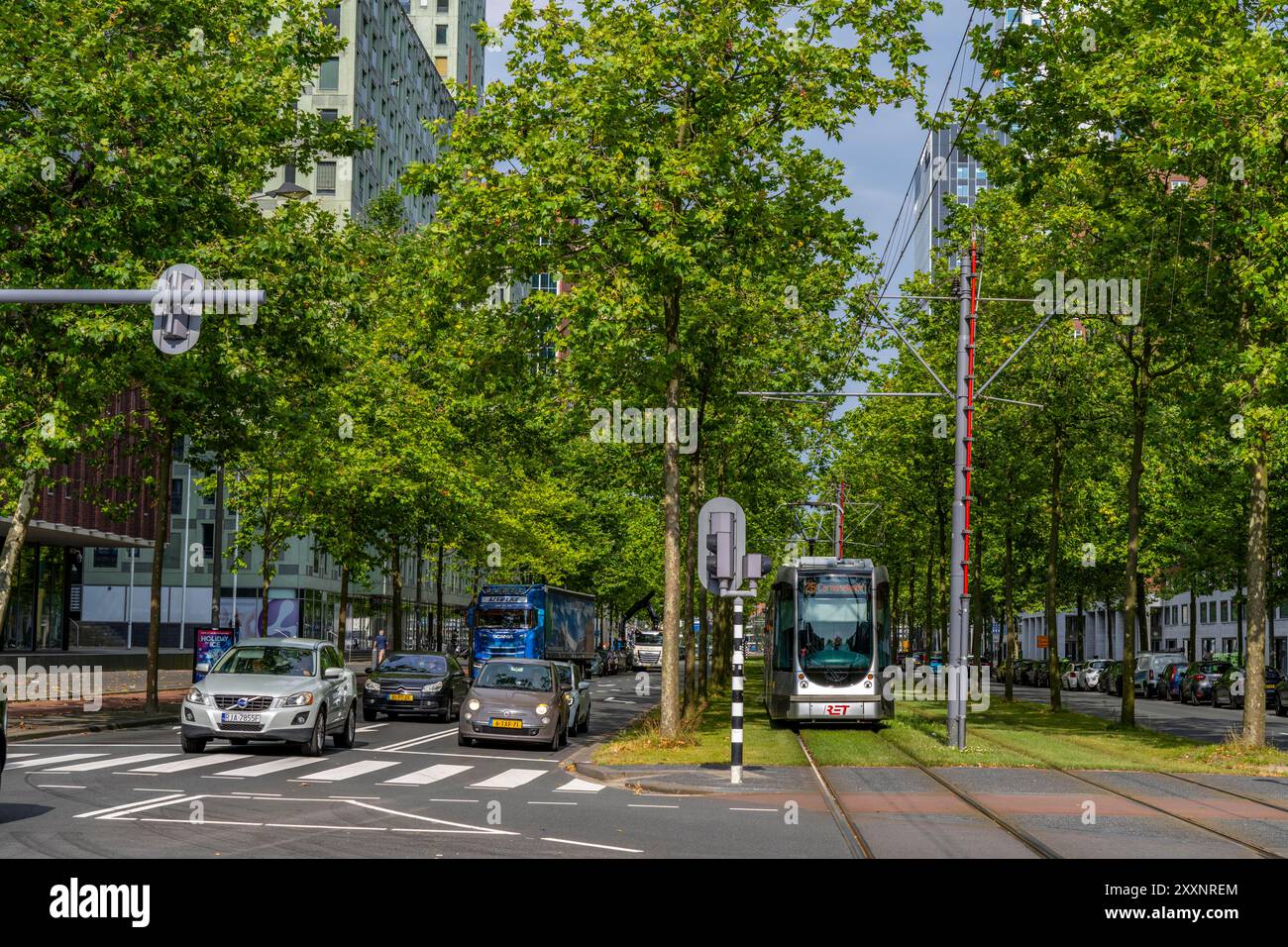 Städtische Begrünung, innerstädtische Straße Laan op Zuid, im Rotterdamer Stadtteil Feijenoord, 4 Bahnen, 2 Straßenbahnstrecken, Radwege auf beiden Seiten, Fußweg Stockfoto