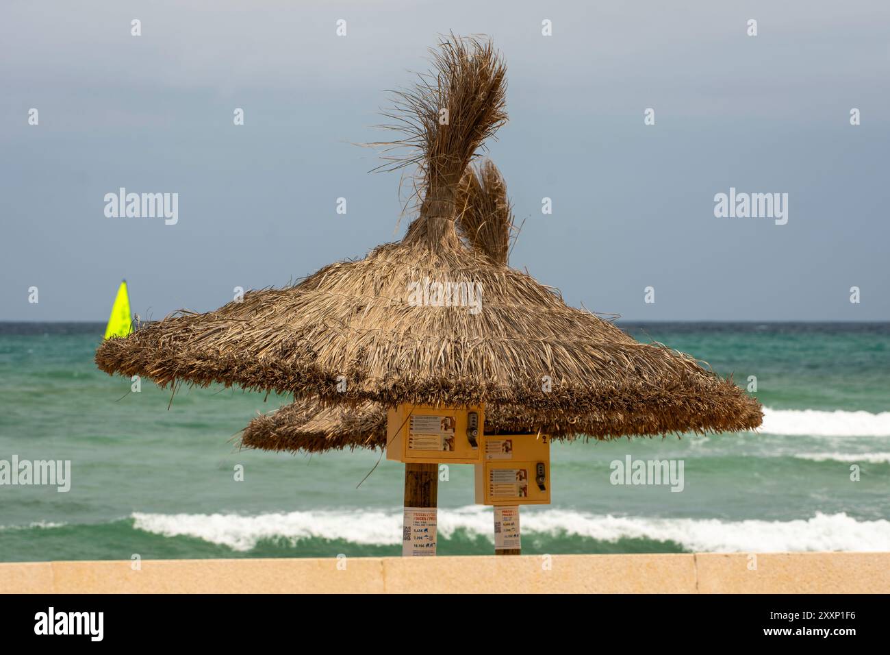 Sonnenschirme in Can Picafort Mallorca. Stockfoto