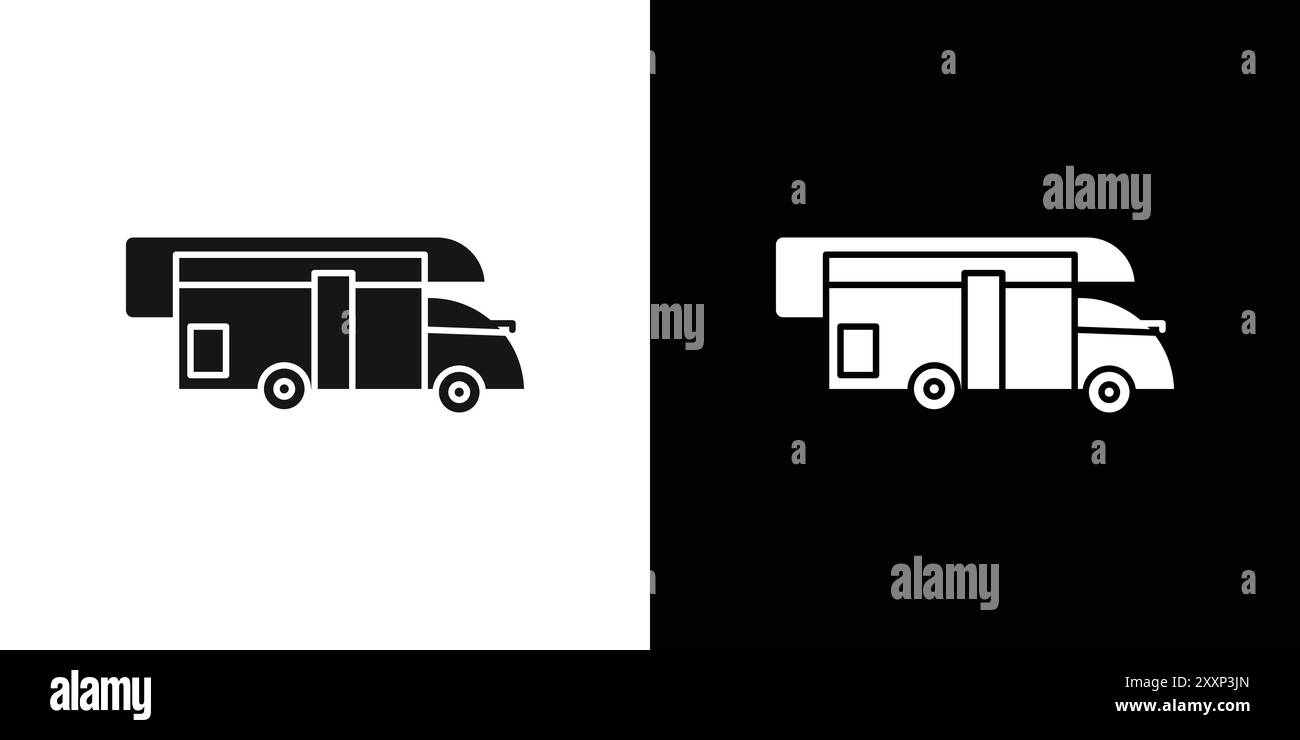 Camping Car Icon Schwarzer Linie Kunstvektor in schwarz-weiß Umrisse Set Sammlung Zeichen Stock Vektor
