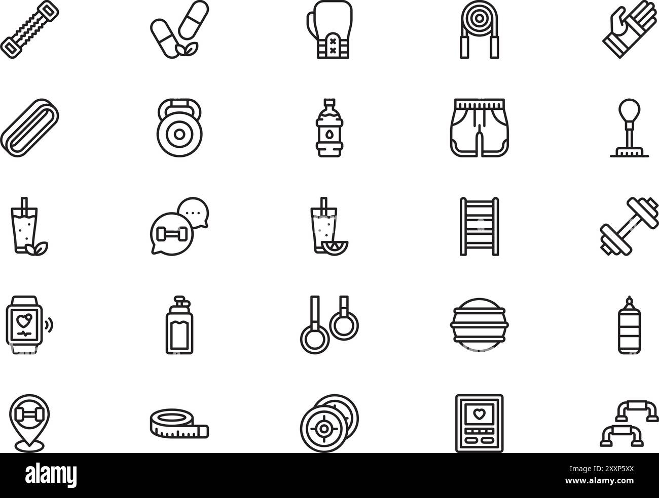 Die Kollektion „Fitness Icons“ ist eine Vektorillustration mit bearbeitbarem Strich. Stock Vektor