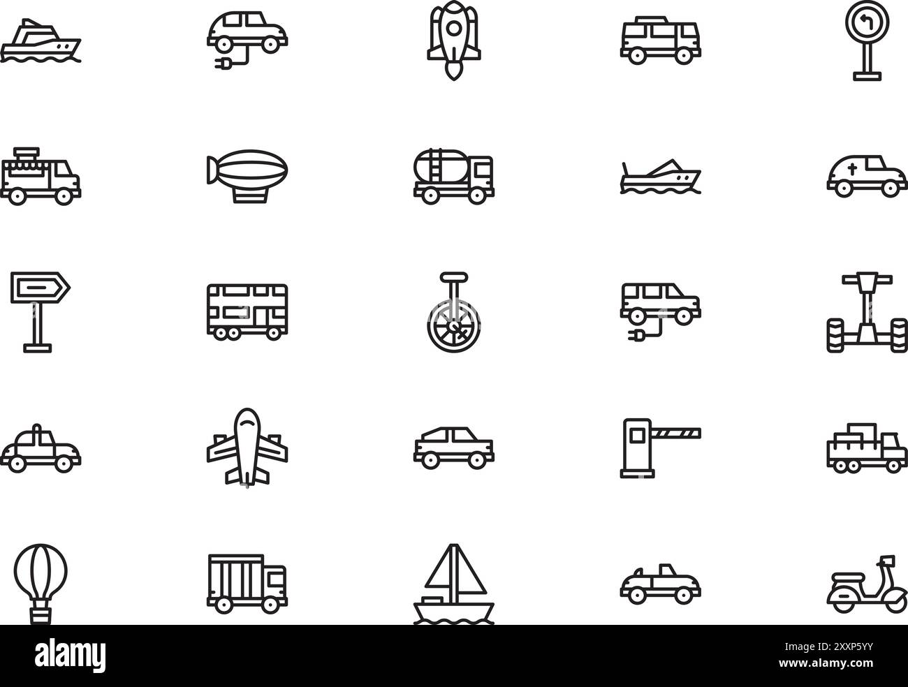 Die Sammlung der Transportsymbole ist eine Vektorillustration mit bearbeitbarer Kontur. Stock Vektor