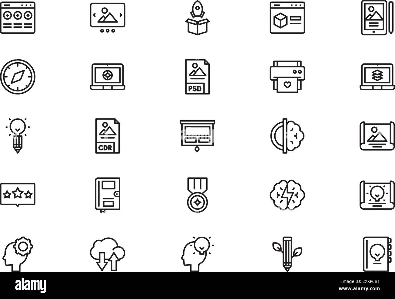 Die Kollektion Design Thinking Icons ist eine Vektorillustration mit bearbeitbarer Kontur. Stock Vektor