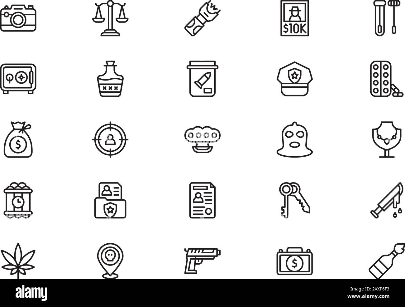 Die Sammlung von Kriminalsymbolen ist eine Vektorillustration mit bearbeitbarem Kontur. Stock Vektor