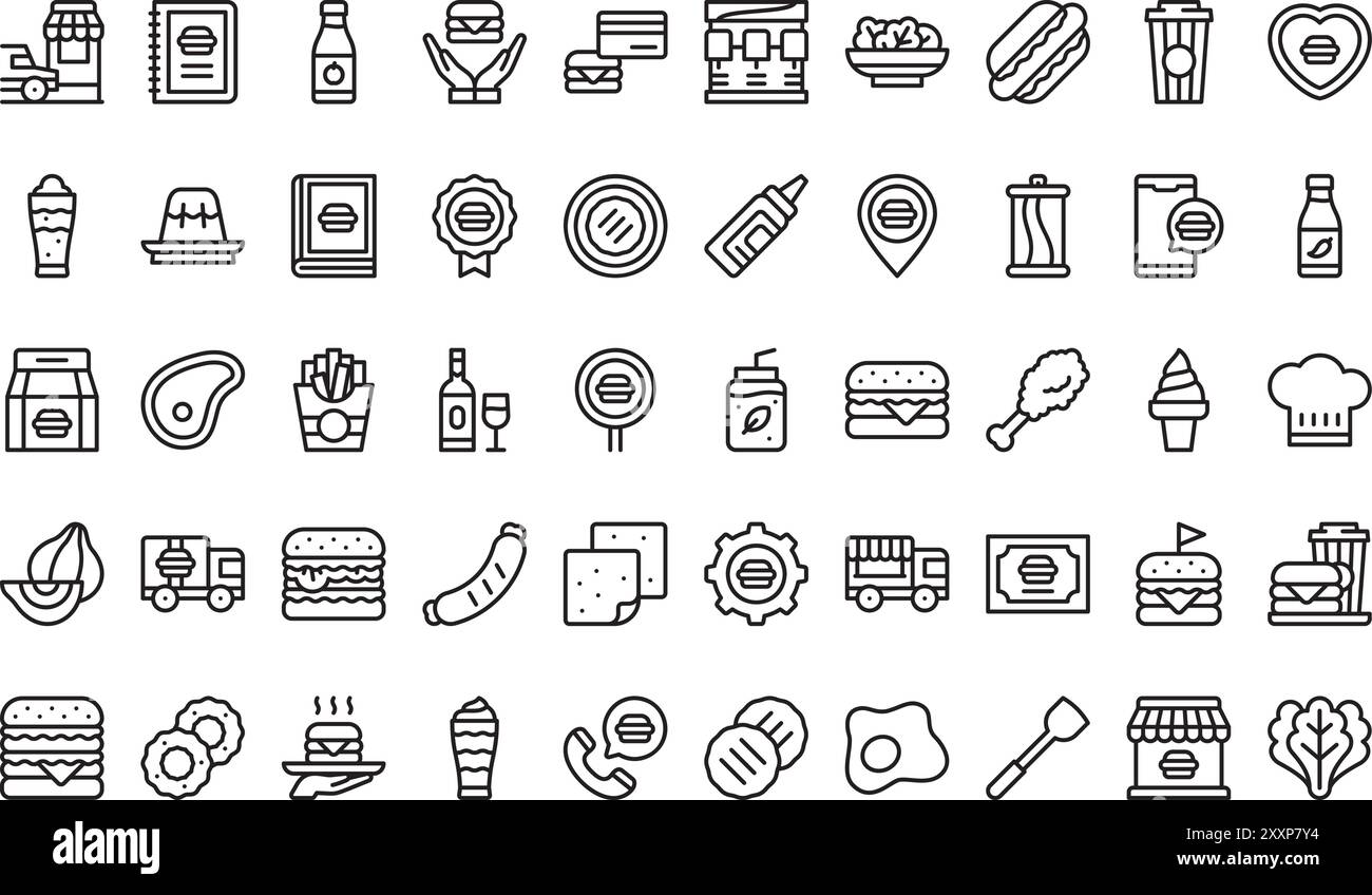 Burger Restaurant Icons Kollektion ist eine Vektorillustration mit bearbeitbarem Strich. Stock Vektor