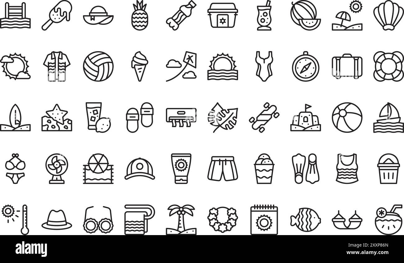 Die Kollektion Summer Icons ist eine Vektorillustration mit bearbeitbarem Strich. Stock Vektor