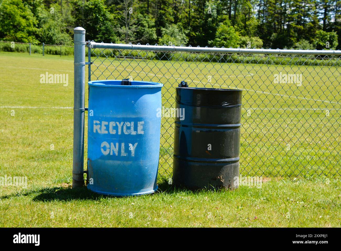 Blaue Recyclingtrommel und schwarze Mülltonne entlang eines Maschendrahtzaums auf einem lokalen Sport- und Fußballfeld an einem Sommertag. Stockfoto