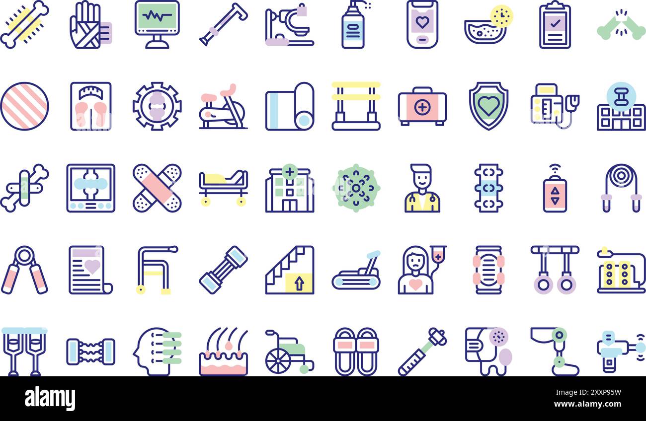 Die Sammlung der Symbole für die Physiotherapie ist eine Vektorillustration mit bearbeitbarem Schlaganfall. Stock Vektor