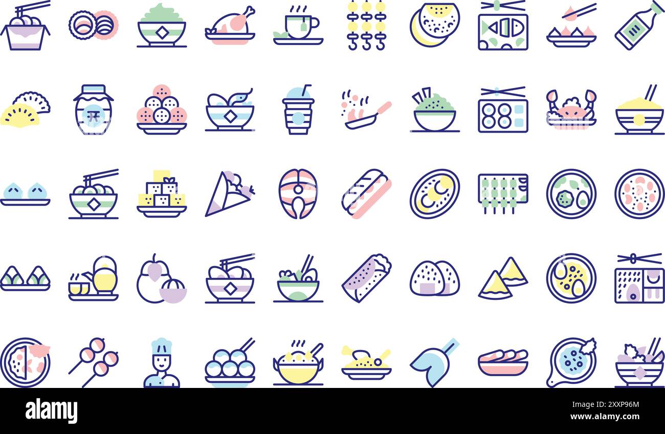Die Kollektion Asian Food Icons ist eine Vektor-Illustration mit bearbeitbarem Strich. Stock Vektor