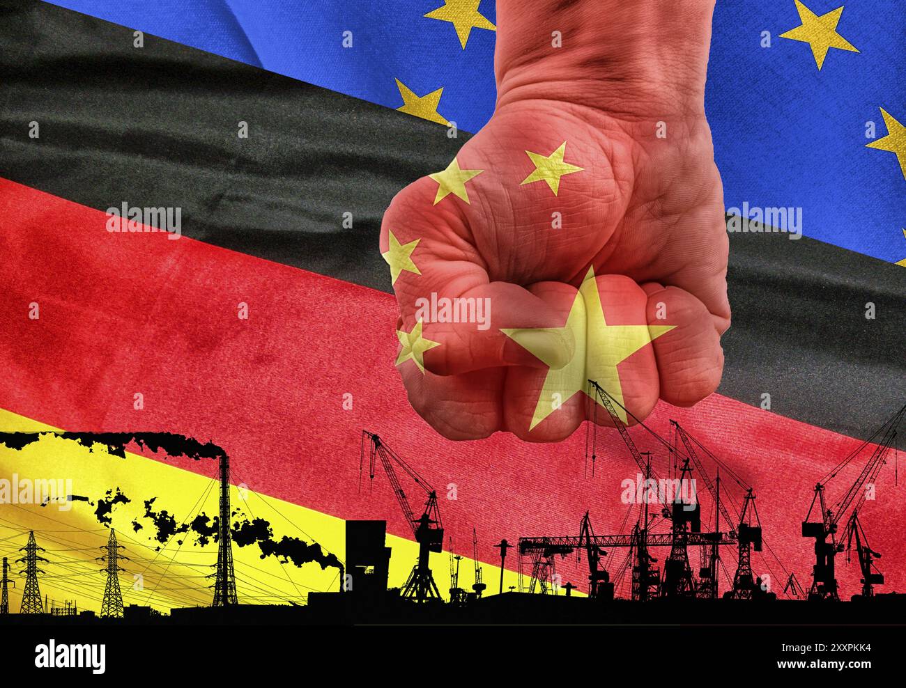 Symbolisches Image, Bedrohung durch China, fragile Bündnisse, China gegen USA-EU-Japan, westliches Wertesystem, Weltbörsen, Protektionismus, Kommunismus, Freiheit, Stockfoto