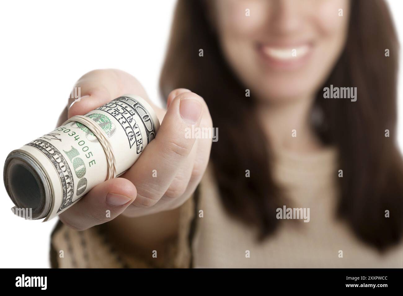 Frauen, die die Papiergeld-Währung in der Hand halten Stockfoto