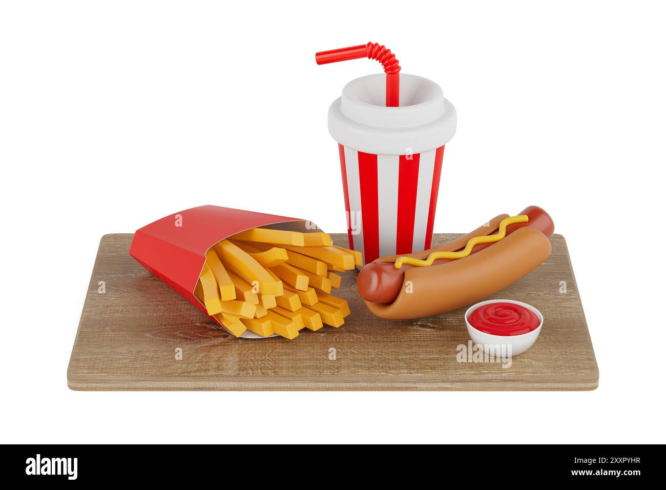 Fast Food Icons Set: Pommes Frites Potato, Hotdog, Tomatensauce und alkoholfreies Getränk mit Holzbrett als Platte auf weißem Hintergrund. 3D-Rendering Stockfoto