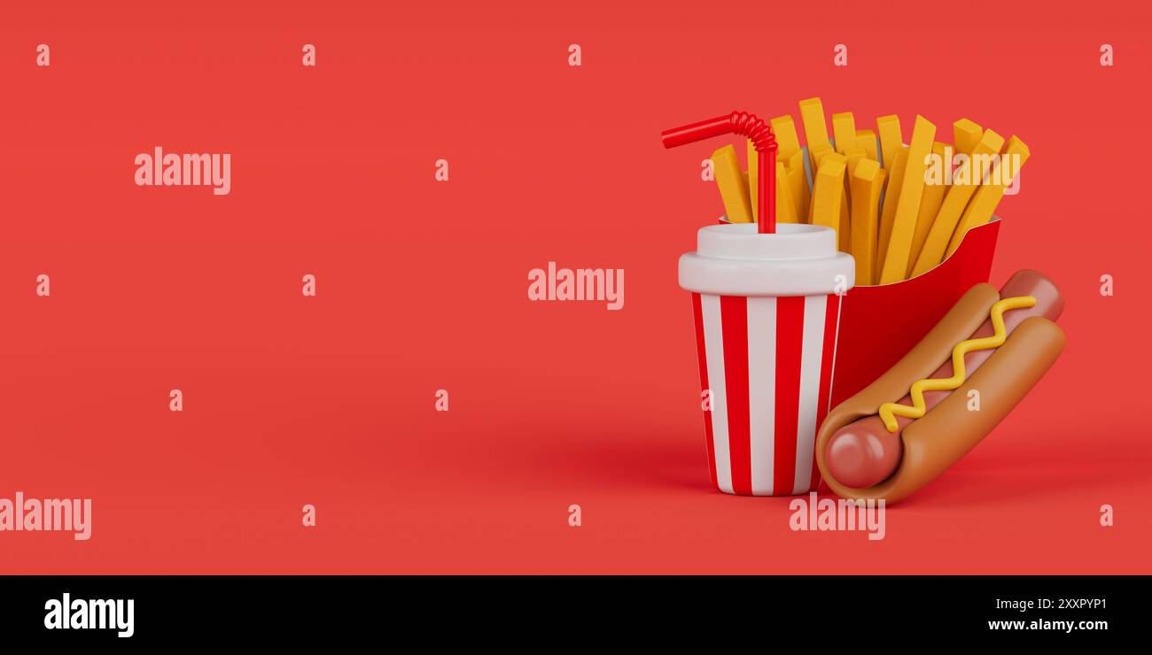 Fast Food Icons Set: Burger, Hotdog und alkoholfreies Getränk auf orangefarbenem Hintergrund. 3D-Rendering Stockfoto