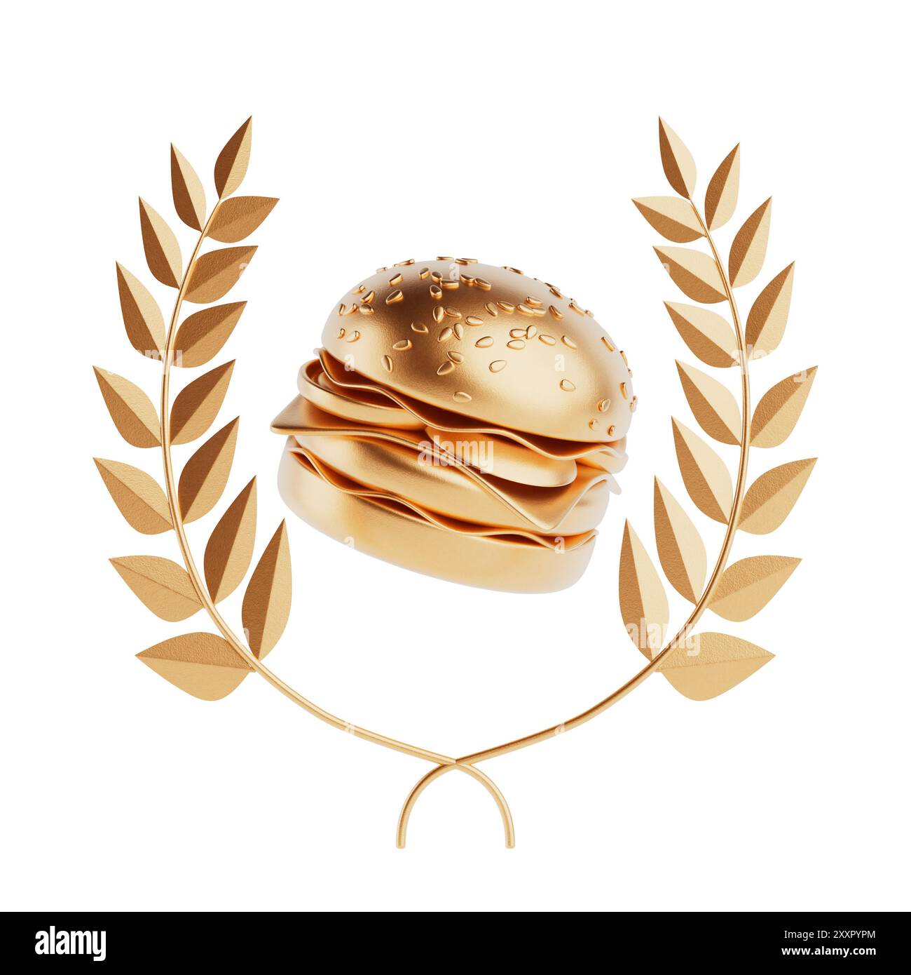 Goldener Lorbeerkranz-Rahmen mit Golden Cartoon Premium Delicious Burger-Symbol auf weißem Hintergrund. 3D-Rendering Stockfoto