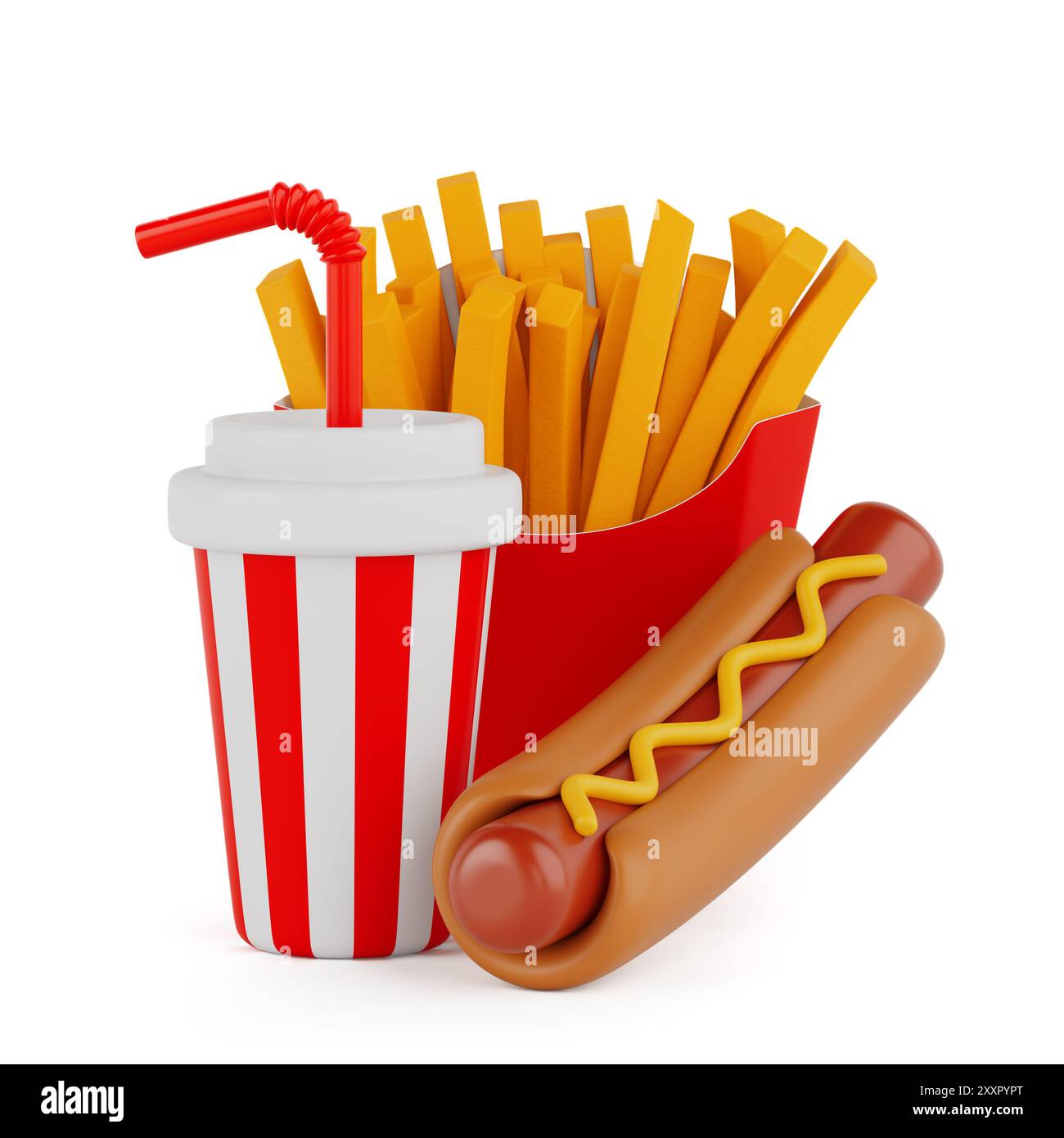 Fast Food Icons Set: Burger, Hotdog und Softdrink auf weißem Hintergrund. 3D-Rendering Stockfoto