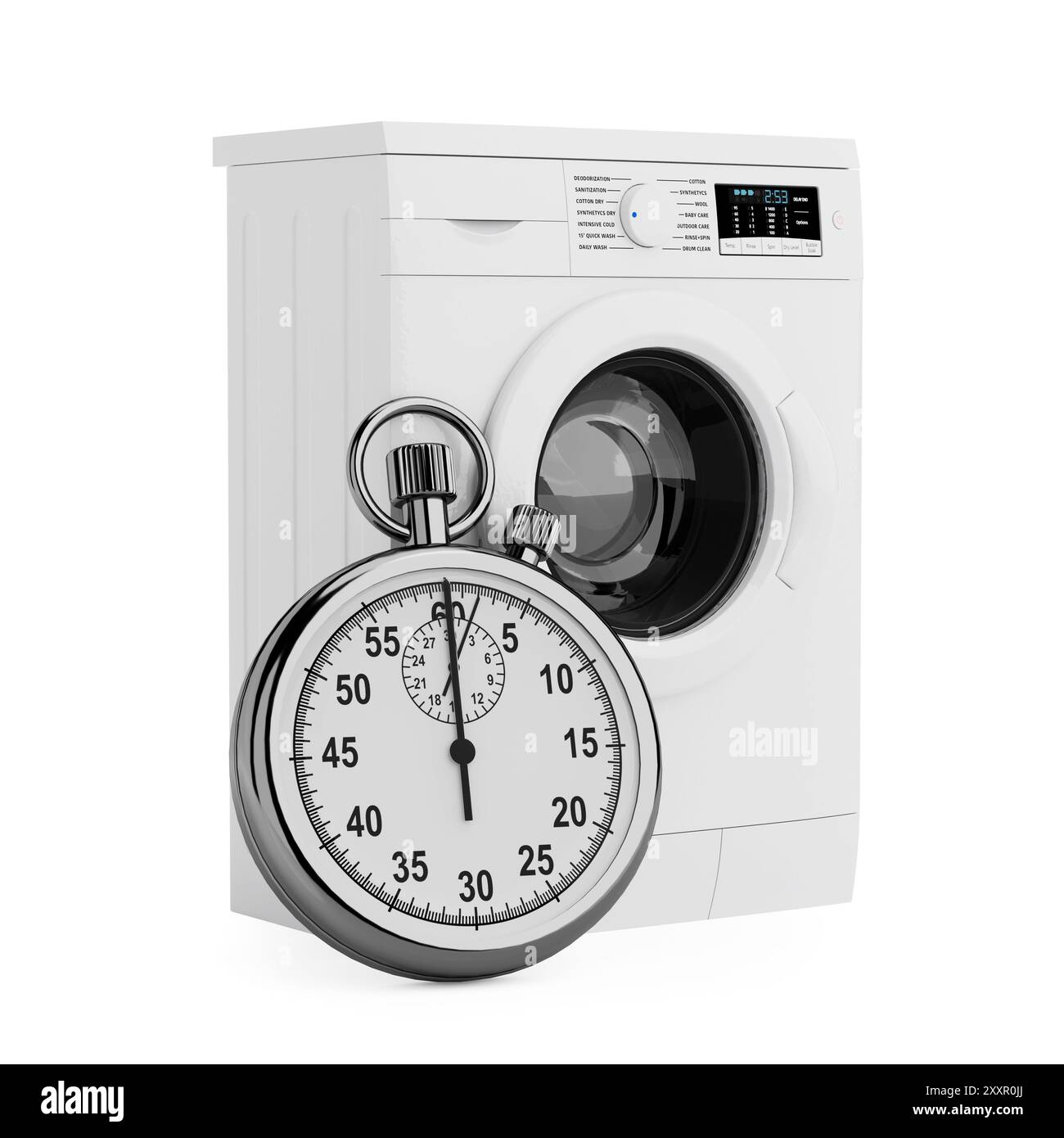 Schnellwaschkonzept. Moderne Waschmaschine mit Stoppuhr auf weißem Hintergrund. 3D-Rendering Stockfoto