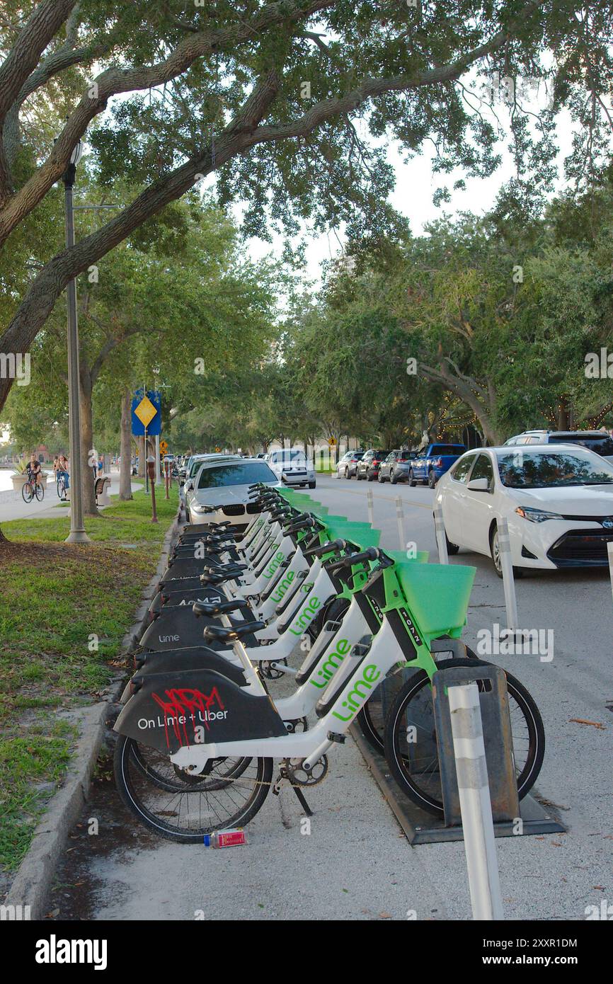 Nur redaktionelle Verwendung, St. Petersburg, Florida, USA, 24. August, 2024 arbeitet das Lime Shared E-Bike-Programm mit City für E-Bikes der Mikromobilitätsbranche zusammen Stockfoto