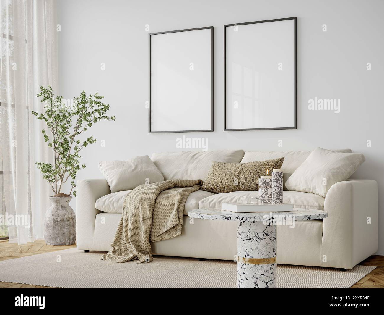 Rahmenmodell im Innenraum, ISO A-Papierformat. Wandposter im Wohnzimmer, Mockup. Moderner Innenhintergrund. 3D-Rendering Stockfoto