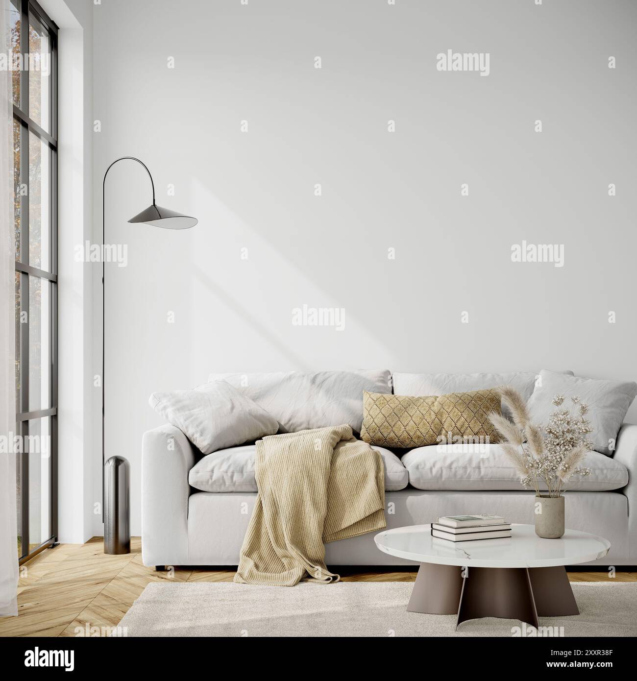 Innenmodell Für Leere Wände. Wandposter im Wohnzimmer, Mockup. Moderner Innenhintergrund. 3D-Rendering Stockfoto