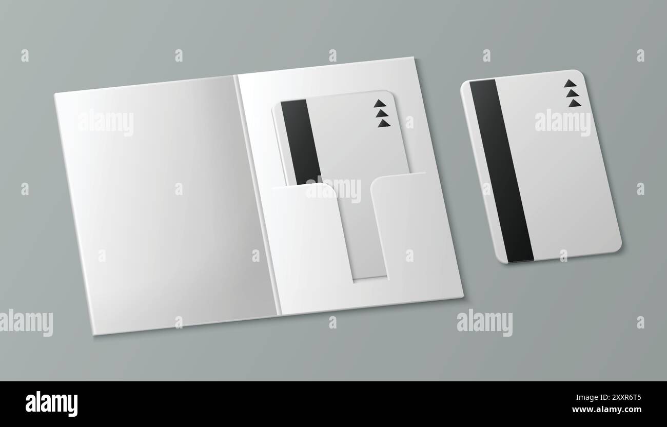 Bankkarten-Mockups werden isoliert im Hintergrund festgelegt. Vektor-realistische Illustration der leeren Plastikkreditkarte mit Magnetstreifen im Papierumschlag, Einkaufsrabatt-Symbol, Online-Zahlung, Cashback-Symbol Stock Vektor
