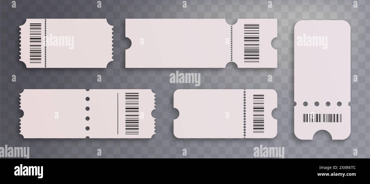 Weißer, unbeschrifteter Coupon oder Eintrittskarte mit Barcode. Realistische 3D-Vektor-Illustration Set von Konzert-Event- oder Kinoeintritt und Pass Papierausweis Vorlage. Beleg für Festival und Verlosung oder Rabattschild Stock Vektor