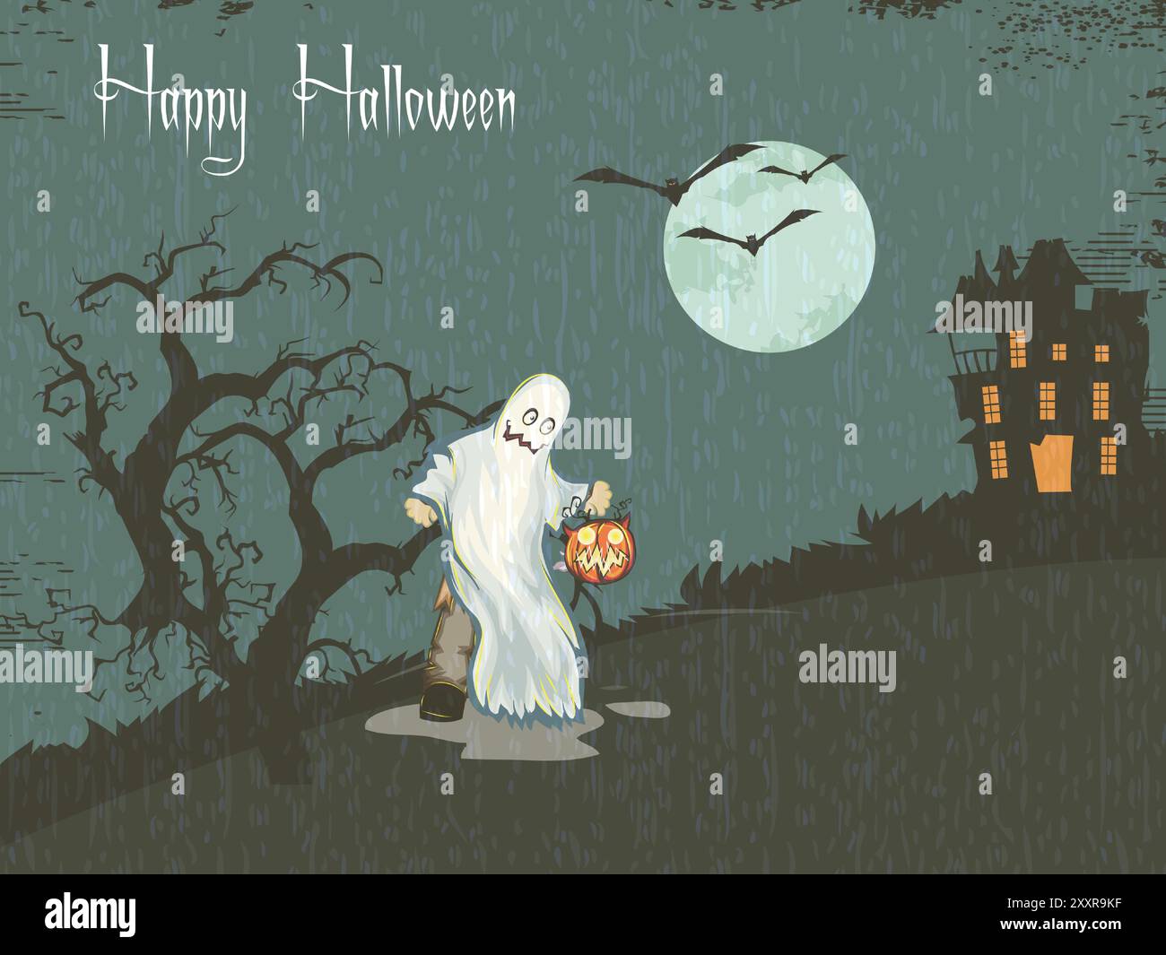 Ein Halloween-Poster mit einem Geist, der einen Kürbis und ein Haus im Hintergrund hält. Das Poster trägt den Titel „Happy Halloween“ Stock Vektor