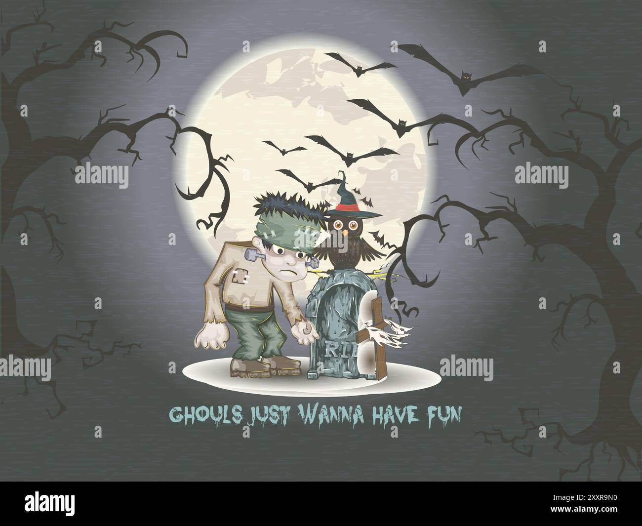 Ein Halloween-Poster mit einem Mann und einer Eule drauf. Auf dem Poster steht: "Ghouls wollen einfach Spaß haben" Stock Vektor
