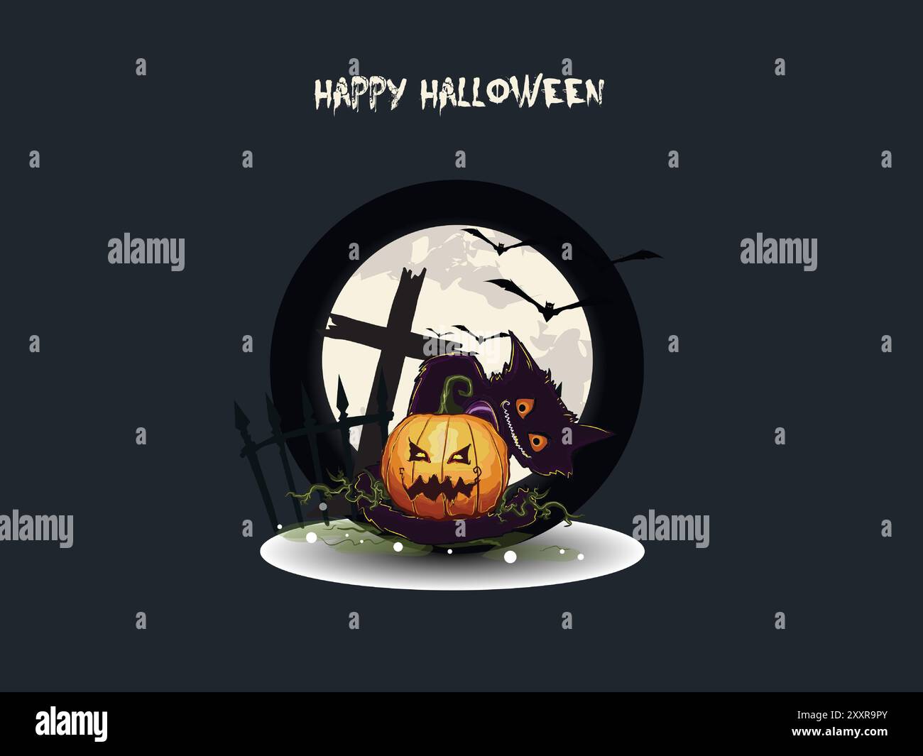 Eine Katze sitzt auf einem Kürbis vor einem Kreuz. Die Katze schaut in die Kamera. Der Kürbis ist von Reben umgeben. Das Bild ist ein Halloween-Deko Stock Vektor