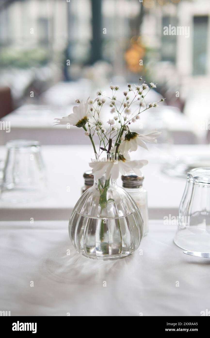Ein elegantes Tischset mit einem wunderschönen Blumenmotiv in einem gemütlichen Restaurant Stockfoto