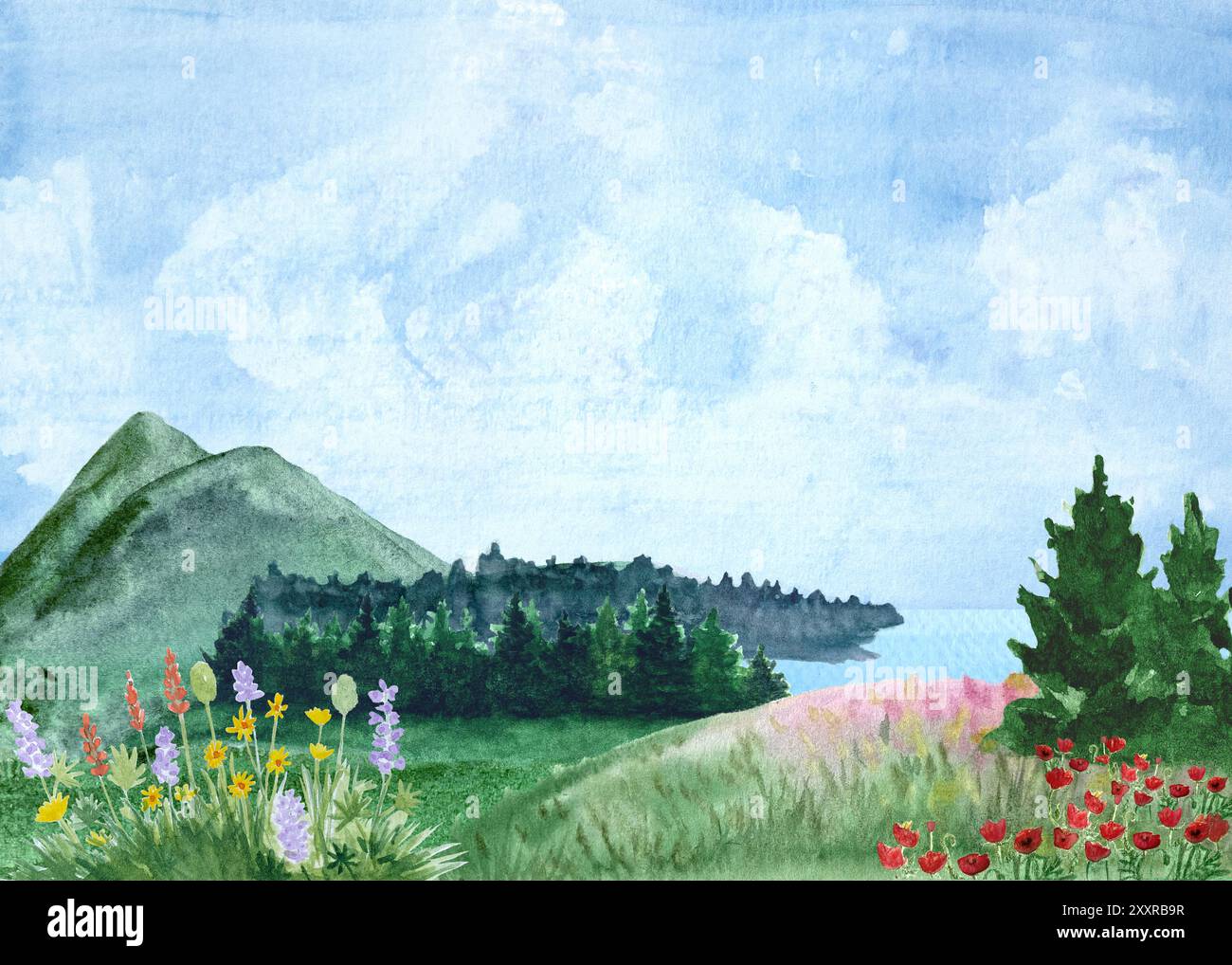 Hügellandschaft mit Kiefernwald in der Ferne und einer Wiese aus nächster Nähe. Aquarell handgemalte hochwertige Illustration, ideal für Karten, Banner Stockfoto